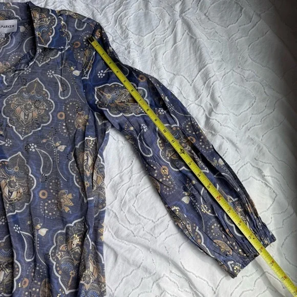 Alex & Parker Blue Tan Paisley Blouse Button Down Top - Picture 6 of 8